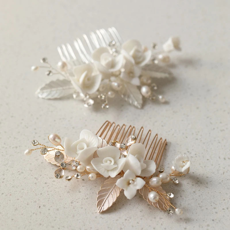 Керамическая металлическая расческа для волос с цветами, аксессуары для волос из пресноводного жемчуга, свадебная расческа для волос ручной работы