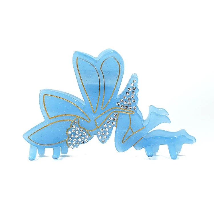 YIYI Factory price gold contour line sky blue glitter hair claw lovely butterfly fairy solid color hair clips acetate material