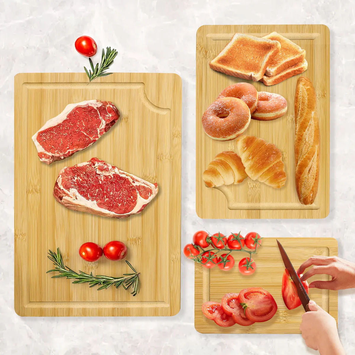 HANHE Custom logo double sided Kitchen meat vegetable Chopping Board Wood Bamboo Cutting Board Set with Deep Juice Groove