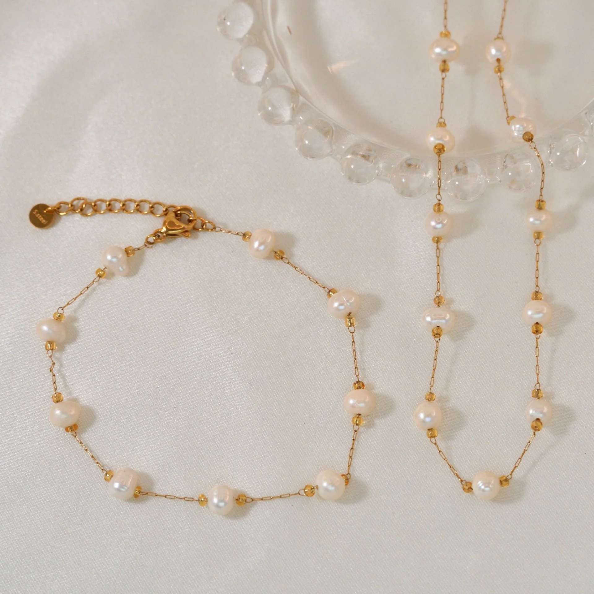 Tarnish Free 18K gold stainless steel chain natural fresh water pearl beads necklace & bracelet pearl jewelry set