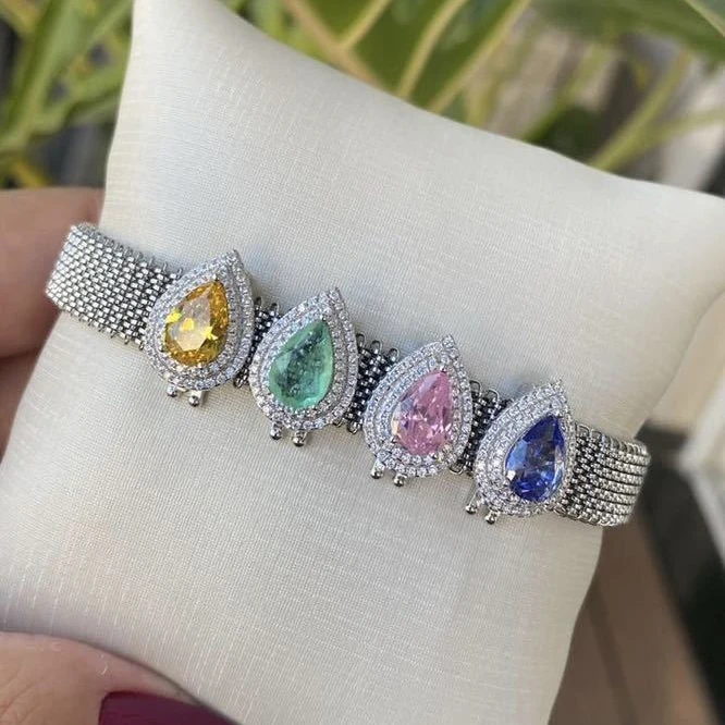 Stainless steel spring mesh bracelet with 925 sterling silver bead pendant charms inlaid coloful zircon stone wholesale charms