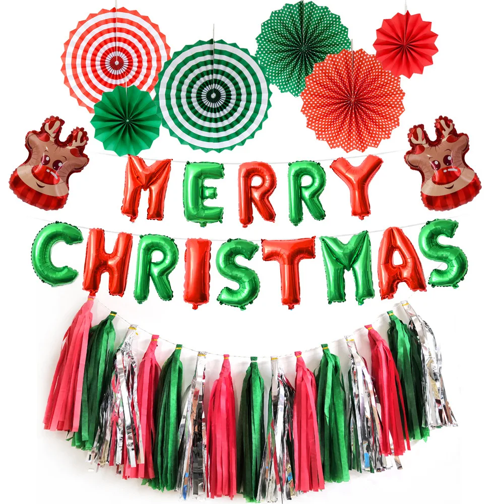 Wholesale Christmas Party Supplies Red Green Paper Fan Flower Merry Christmas Letter Balloon Tassel Set