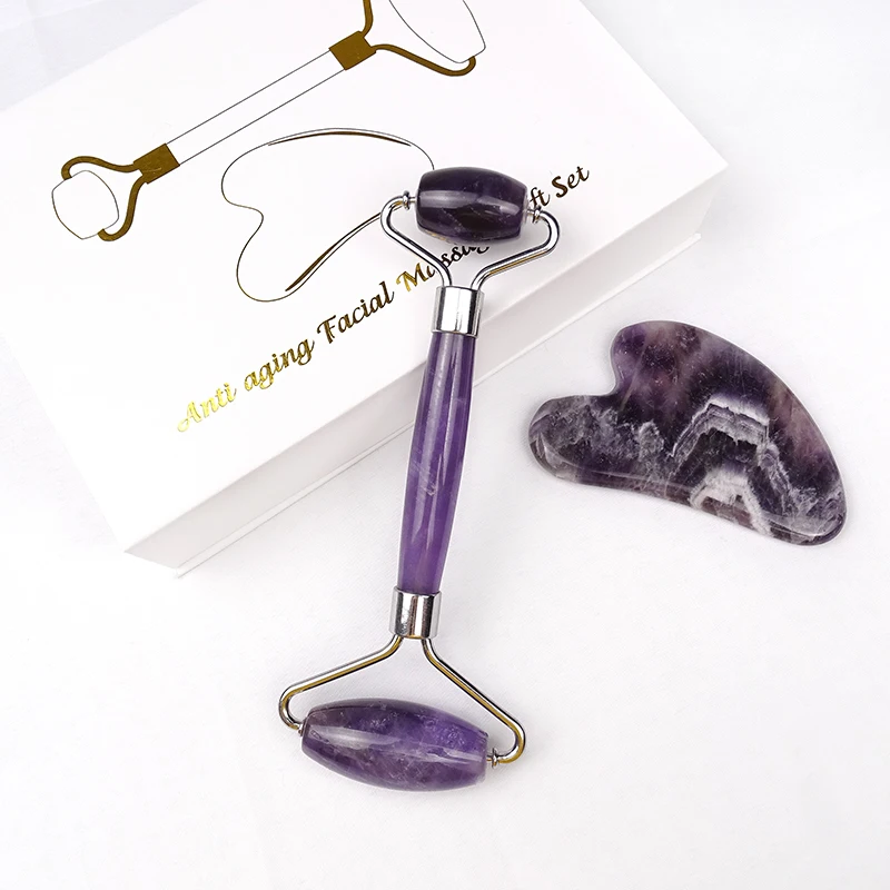 Hot sell natural Jade roller set anti-aging jade roller massage amethyst face roller gua sha kit