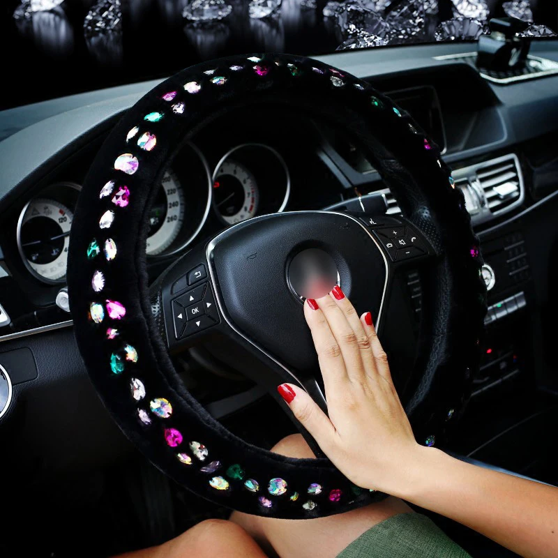 
Colorful Crystal Car Steering Wheel Covers Diamond Crystal Plush Steering Wheel Cover Car Interior Accessories Girls Women 