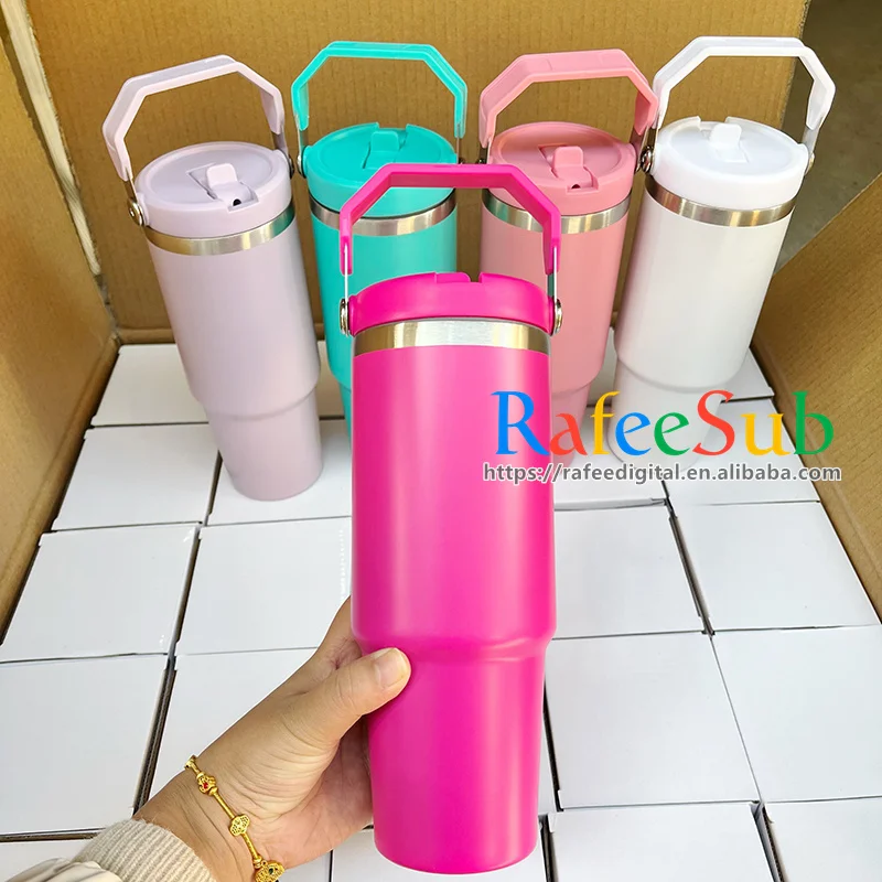30oz 30 oz Hot and Cold Vacuum Insulated Stainless Steel White Blank Sublimation Tumbler Cup with Top Handle and Straw Screw Lid