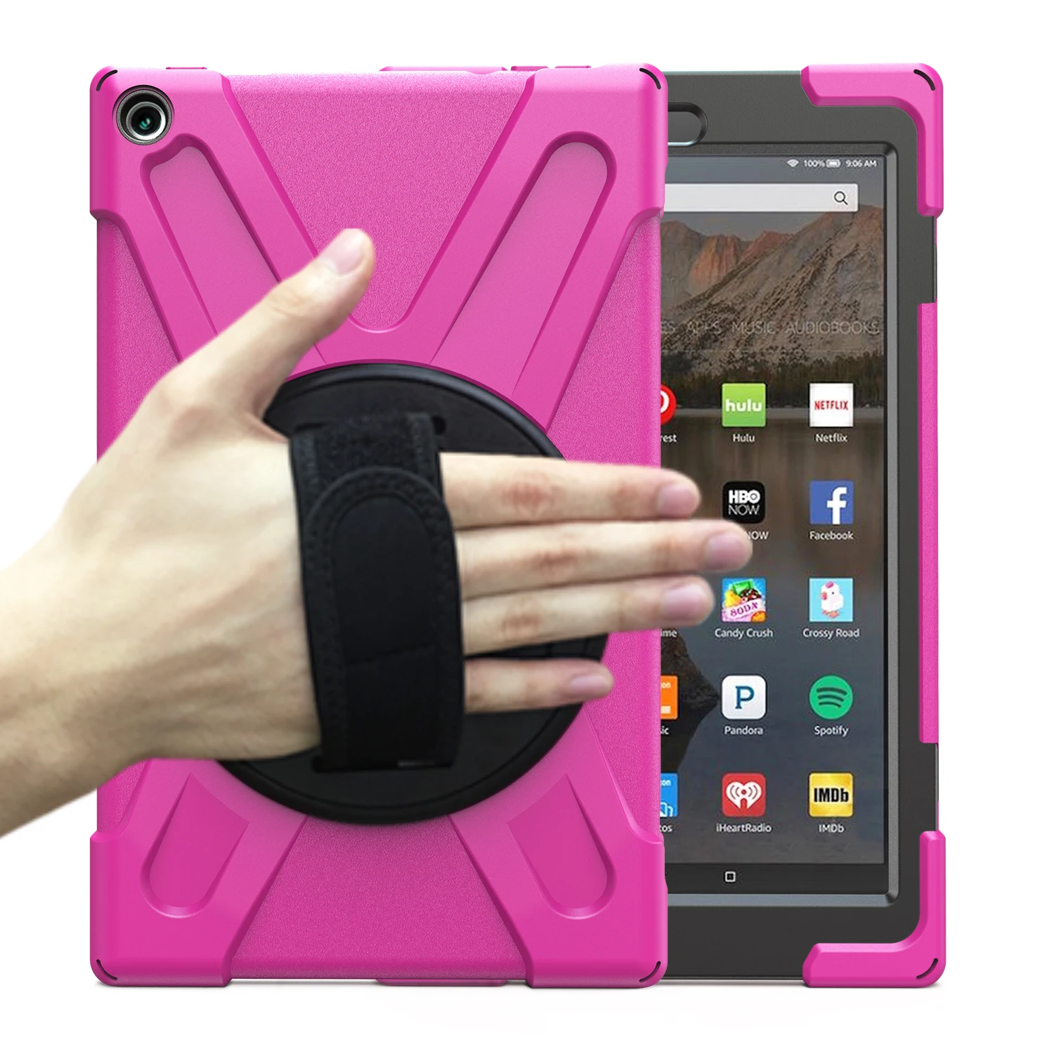 For Amazon Kindle Fire HD 10 2017 2018 2019 universal thick silicone bumper rotation folding stand hand strap rugged tablet case