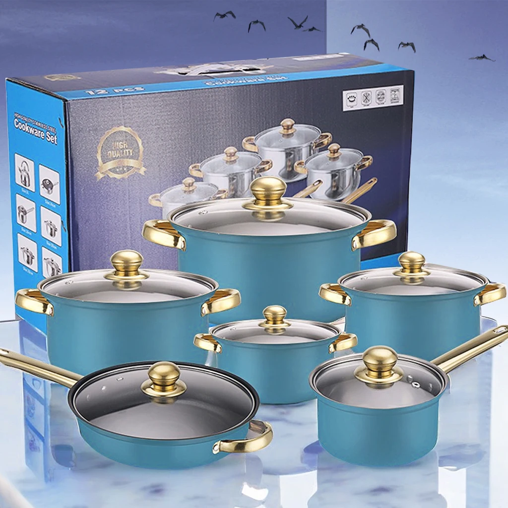 Blue 12-Piece Stainless Steel Pot Cookware Set Fast Shipment Non-Stick Pink Frying Pan with Lid Metal Cooking Pot Set