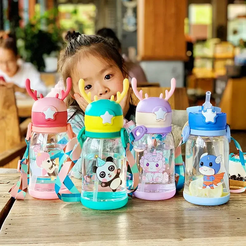500ML Children Antler water Bottle Outdoor Travel School Cute Cartoon Animal Baby Water Bottle with Shoulder Strap for Boy Girl