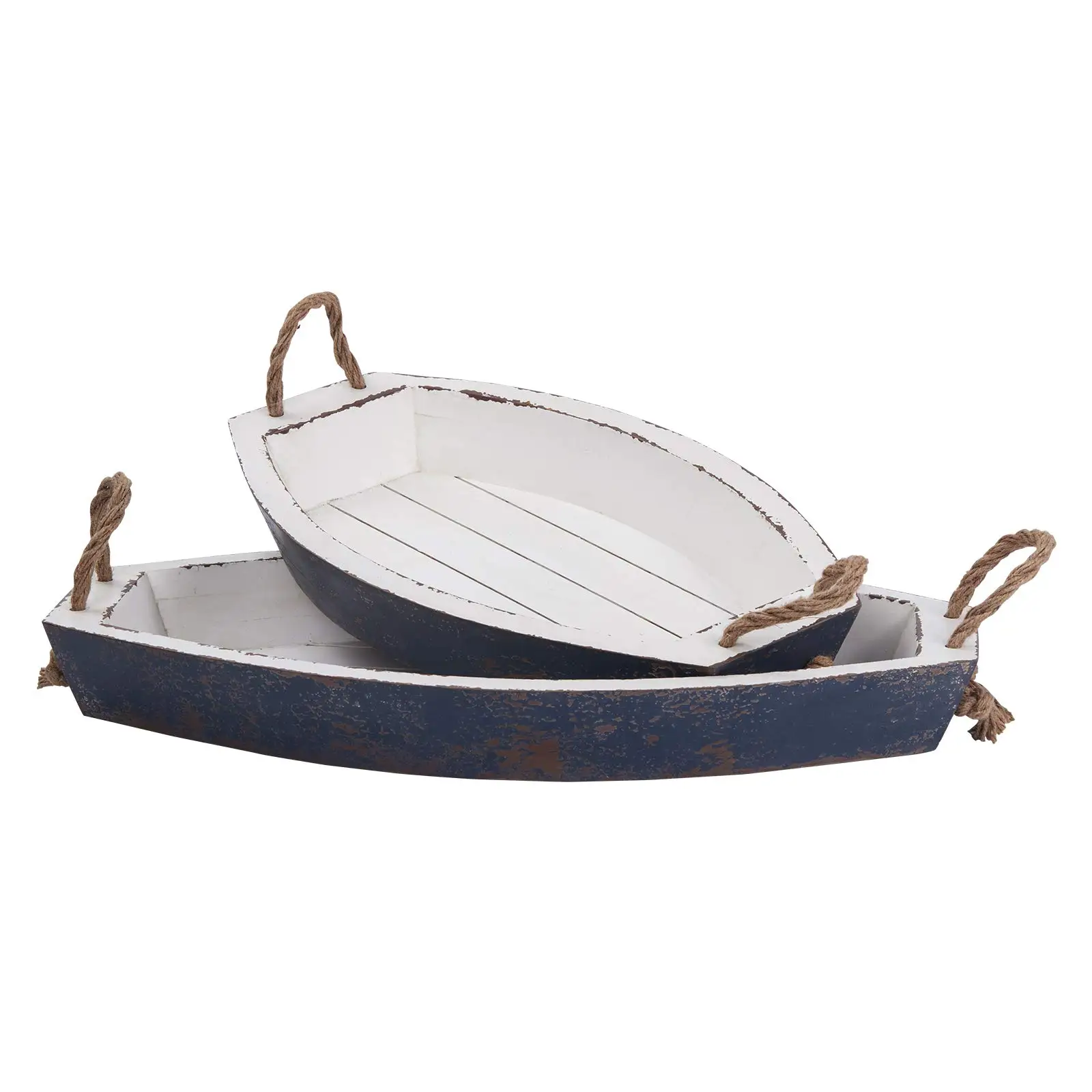 Set of 2 Rustic Style Nesting Wooden Boat Breakfast Platters Serving Trays With Belt Rope Handle