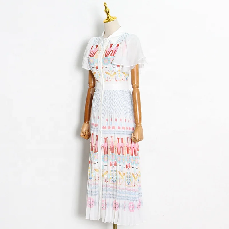 Literary Style Fashion Catwalk Dress  Summer New Flying Sleeves Stitching Pleated Printed Casual Dress