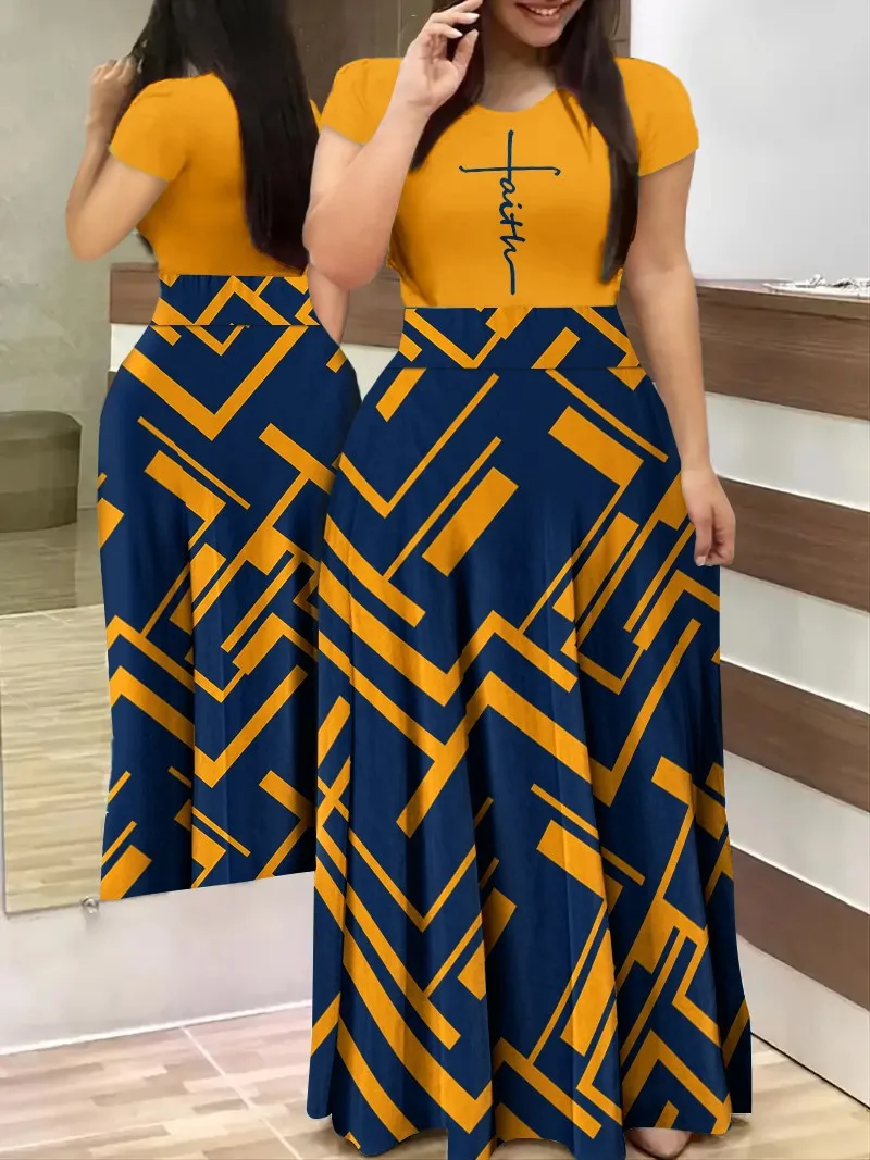 2024 Summer Casual Printed Maxi Dress Women Letter O Neck Short Sleeve Ruched Tight High Waist Party Club Long Dress (CYY8888-9)