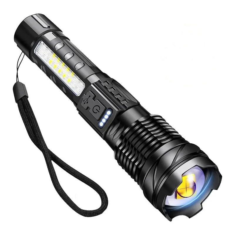 Flashlights High Lumens Rechargeable, with COB Side Lights Battery Powered Handheld Flash Light with 7 Modes Waterproof Zoomable