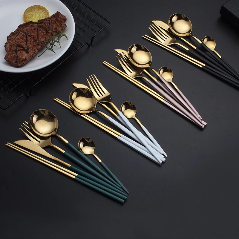 Portable travel Stainless steel gold silverware tableware gold cutlery wedding spoon knives fork