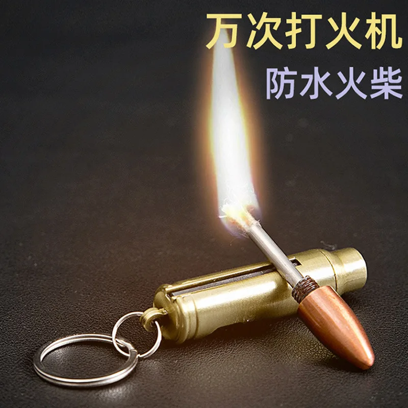 Creative bottle opener bullet key ring match lighter multi-function burning matches brass keychain with lighter can opener