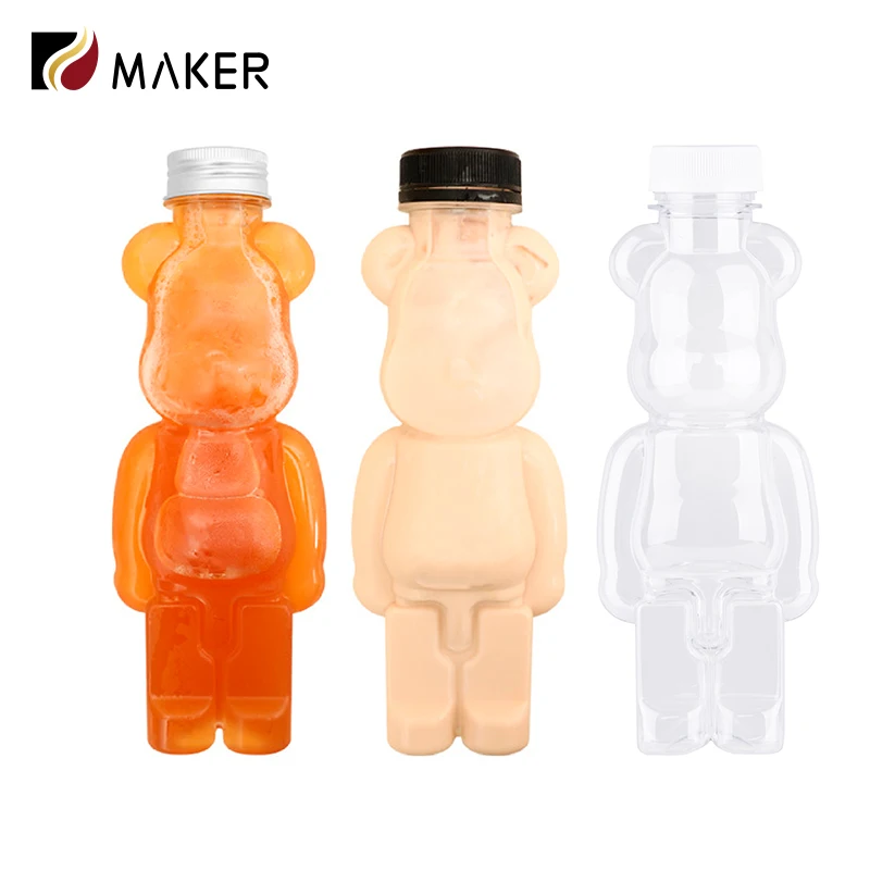 Factory Direct Sales 350ml 400ml 500ml PET Violent Bear Drink Juice Bottle Cartoon Plastic Milk Tea Bottle With Aluminum Lid