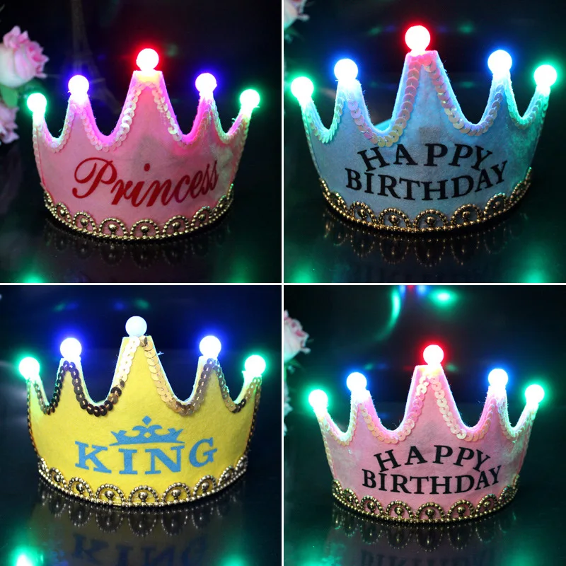 Glowing birthday Non-woven King Princess Hat Led Crown Glowing Birthday Party Hat