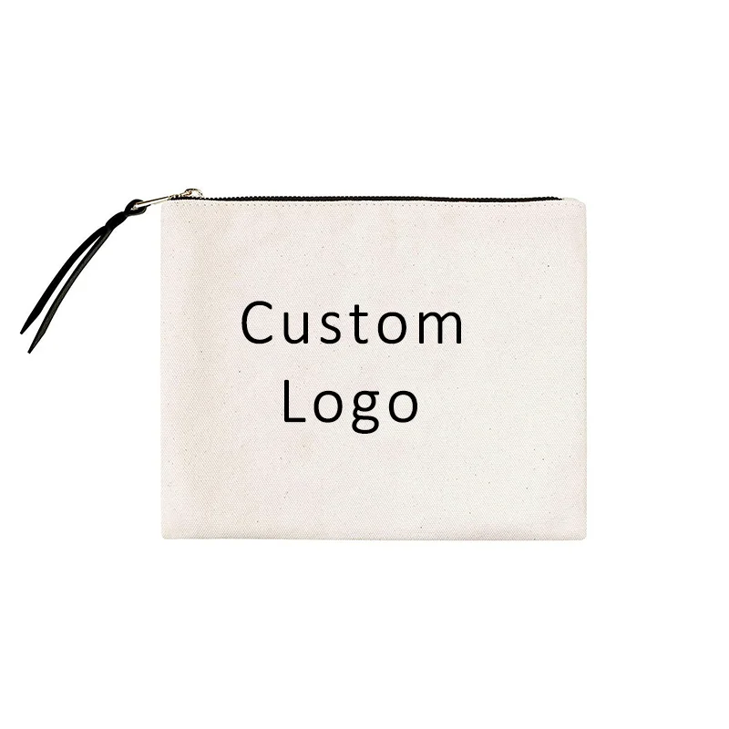 Small Eco Custom Logo Cotton Blank Zipper Pouch Make Up Bags Plain White Cotton Canvas Makeup Cosmetic Bag