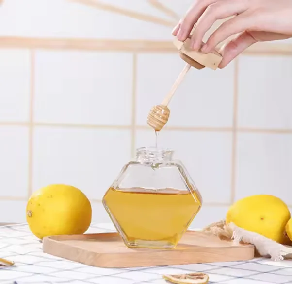 Hot Sale Transparent 100ml 220ml Hexagon Honey Glass Jar 380ml Glass Jars for Honey Storage Food Packaging With Wooden Lid