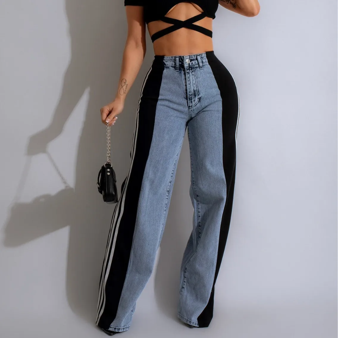 Hot Selling palazzo loose fit Straight Wide Leg Retro Casual Streetwear Three Stripes Jeans High Stretch Denim Jeans For Women