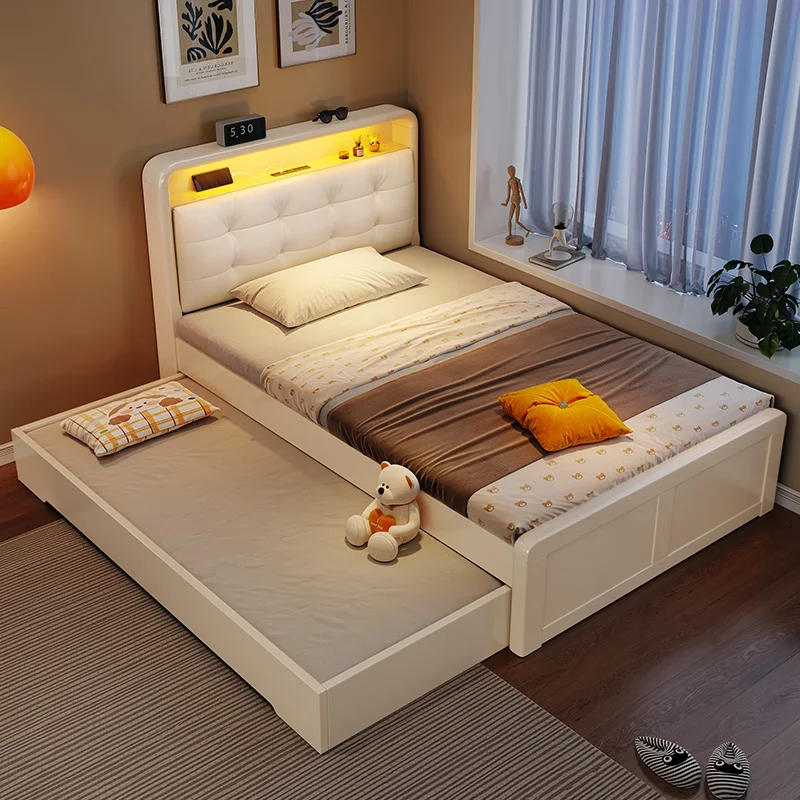 Modern Scandinavian Minimalist Style Double Bed Frame Fabric Headboard Fashionable Solid Wood Wall Bed Trundle Bedroom Furniture