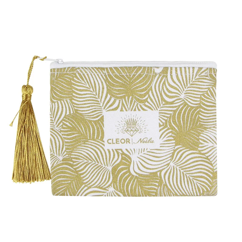Lady Cotton Canvas Gold Glitter Printing Cosmetic Make Up Bag With Tassel