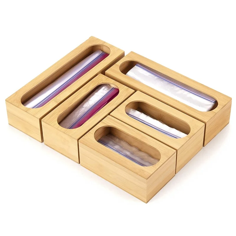 5 Pieces Compatible Kitchen Food Storage Bag Organizer Holders Bamboo Drawer Bag Storage Box