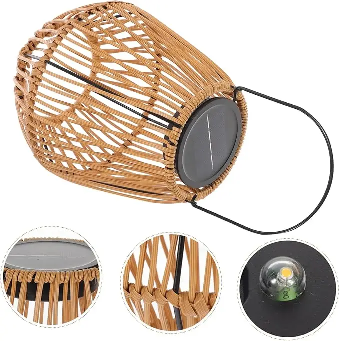 Customize Solar Lamp Outdoor Rattan Bamboo Portable Hanging Lamp Garden Decoration Chinese Style Retro Garden Lantern