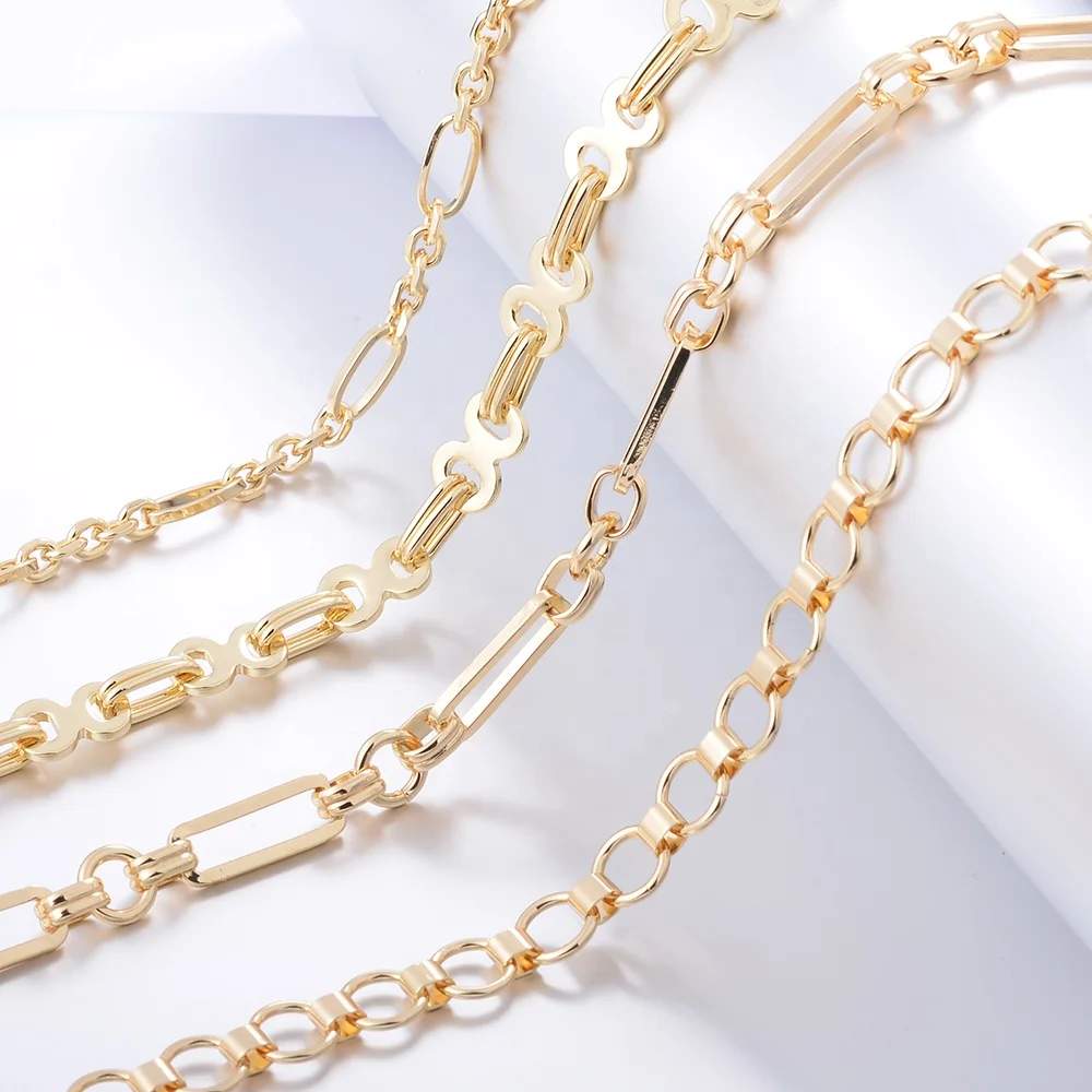 Wholesale Curb Cross Cable Chain Bulk 18K Gold Plated Brass Necklace Long and Short Heart Chain for DIY Bracelet Jewelry Making