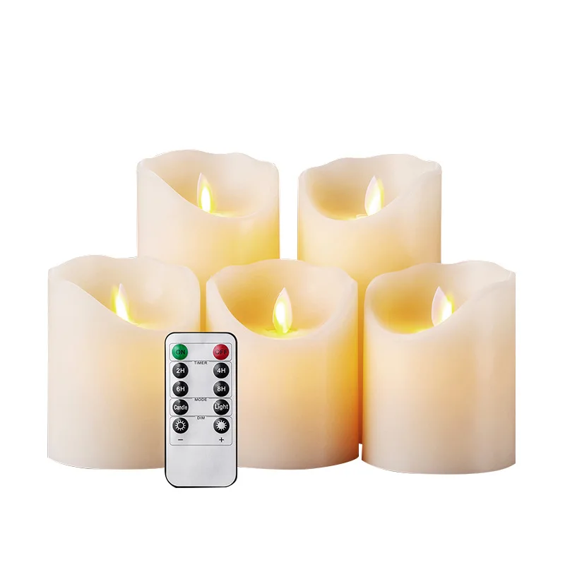 Senmasine 5PCS flickering Pillar candles sets battery operated Ivory real wax flameless led candle with 10-Key remote control