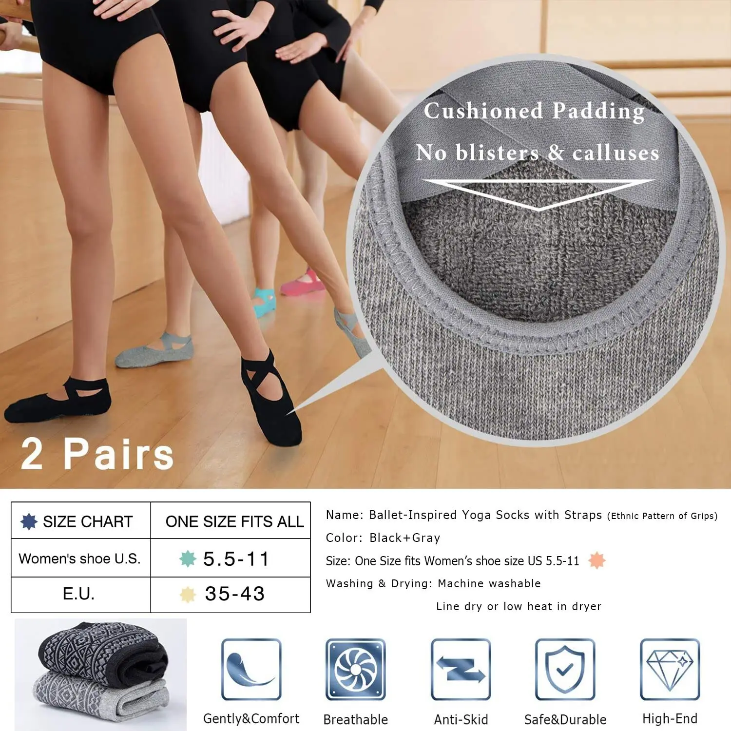 Yoga Socks for Women Non-Slip Grips & Straps  Ideal for Pilates Pure Barre Workout Dancing Training Socks