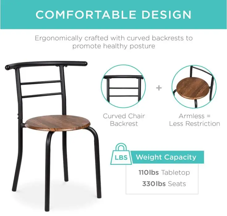 
3-Piece Wooden Round Table & Chair Set for Kitchen, Dining Room, Compact Space w/Steel Frame, Built-in Wine Rack - Black/Brown 