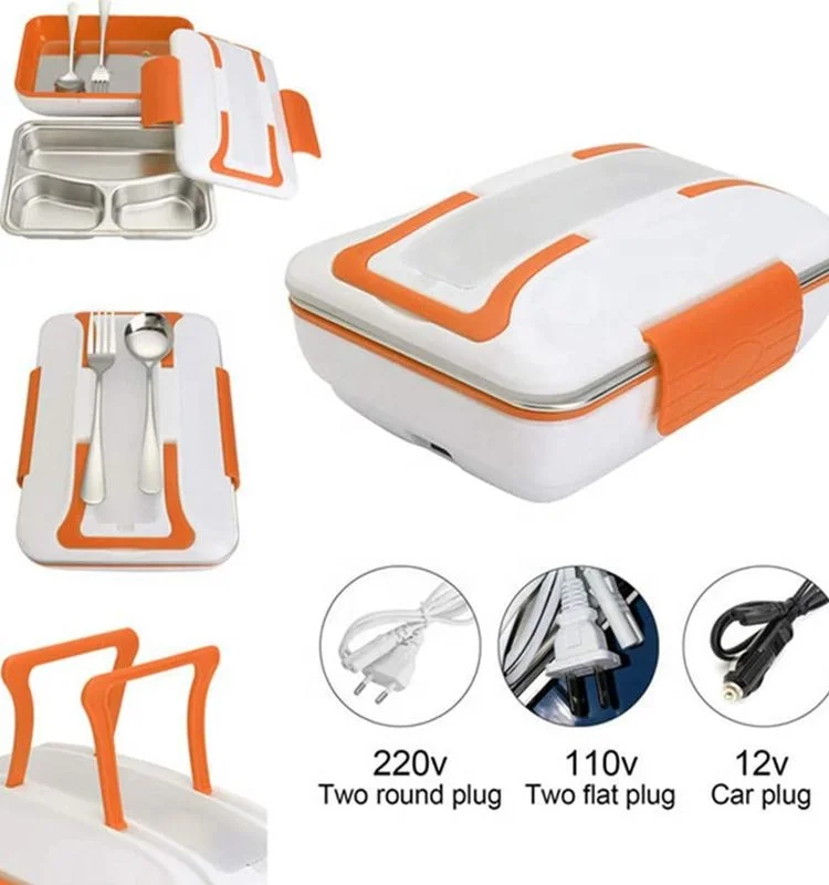 50W 3 Compartments Stainless Steel Container Food Warmer Heater Box Car Electric Portable Tiffin Lunch Box For Heating Meal