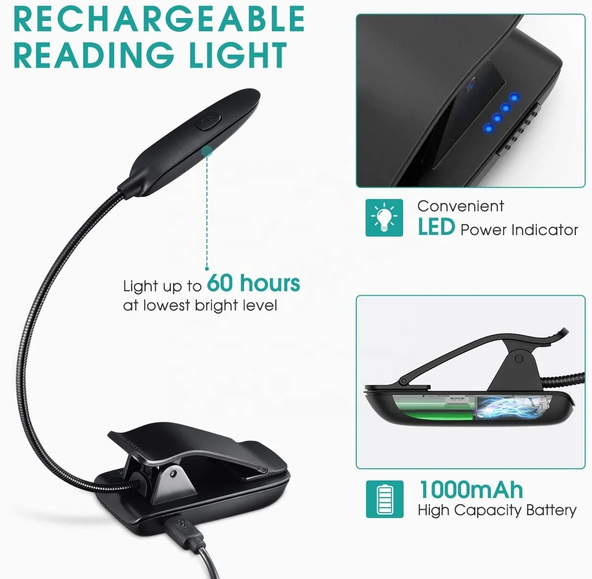 7 LED Reading Book Light with 3 Brightness 3 Color Temperature+USB Rechargeable, Eye Care Lamp with Power Indicator