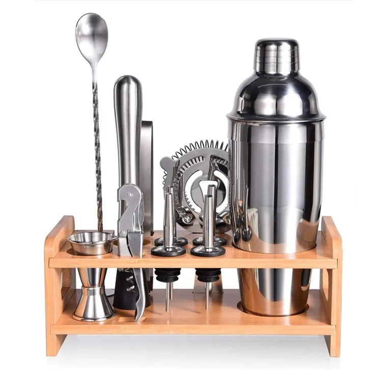 Factory Direct custom 12 piece stainless steel bartender kit with bamboo stand