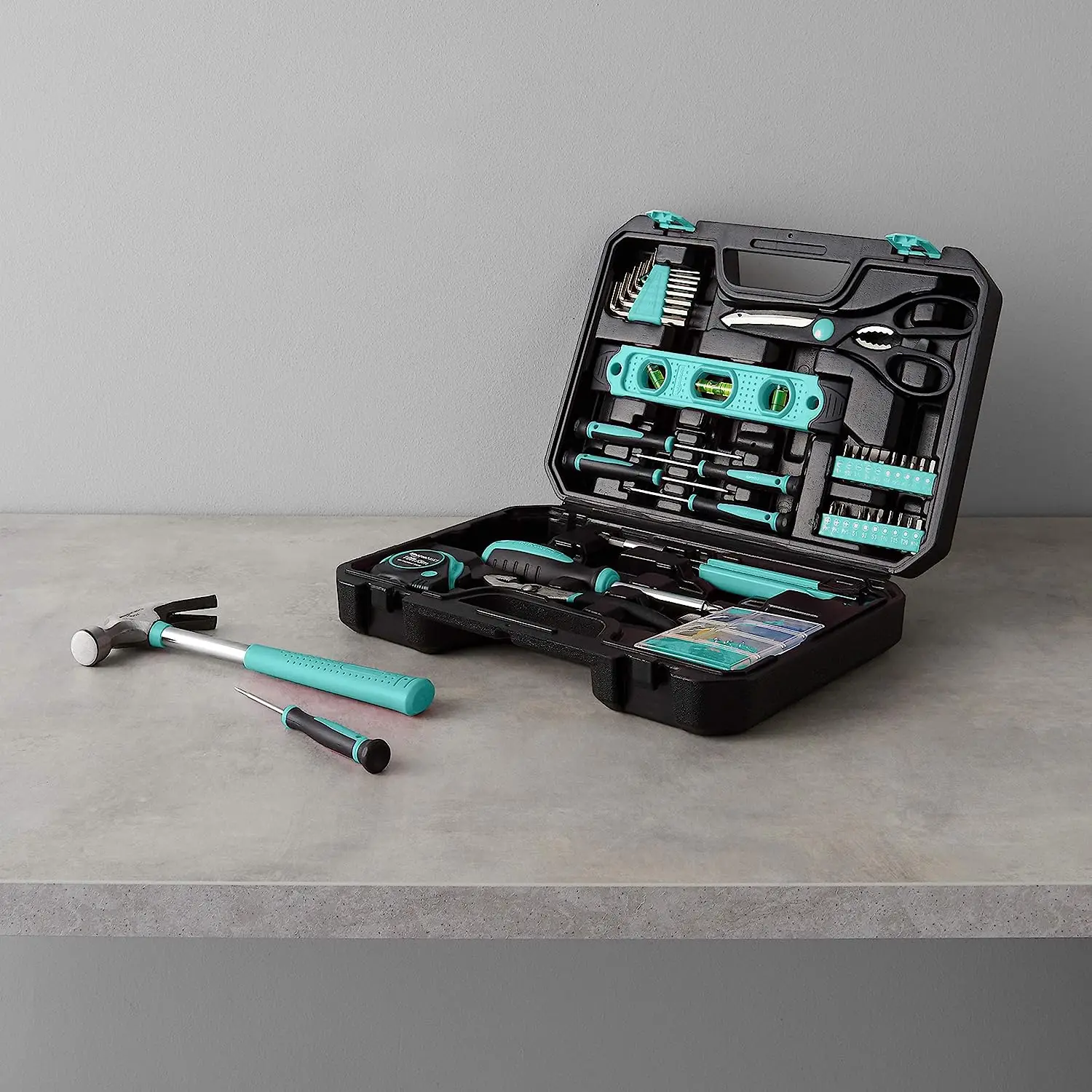 Amazon Basics Household Tool Kit With Storage Case, 142 Piece, Turquoise