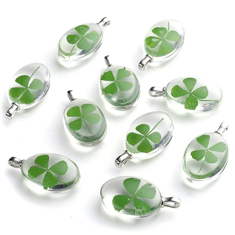 Handmade Pressed Natural Four Leaf Clover Dried Flower Grass Oval Pendant DIY Earrings Necklace Jewelry Making Findings