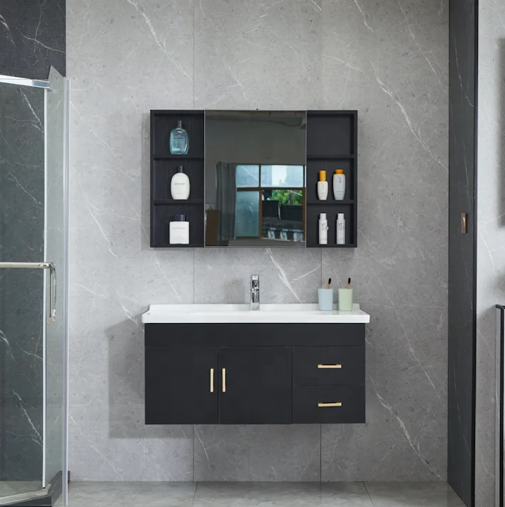 2024 new design bathroom furniture of wood bathroom cabinets with basin and mirror