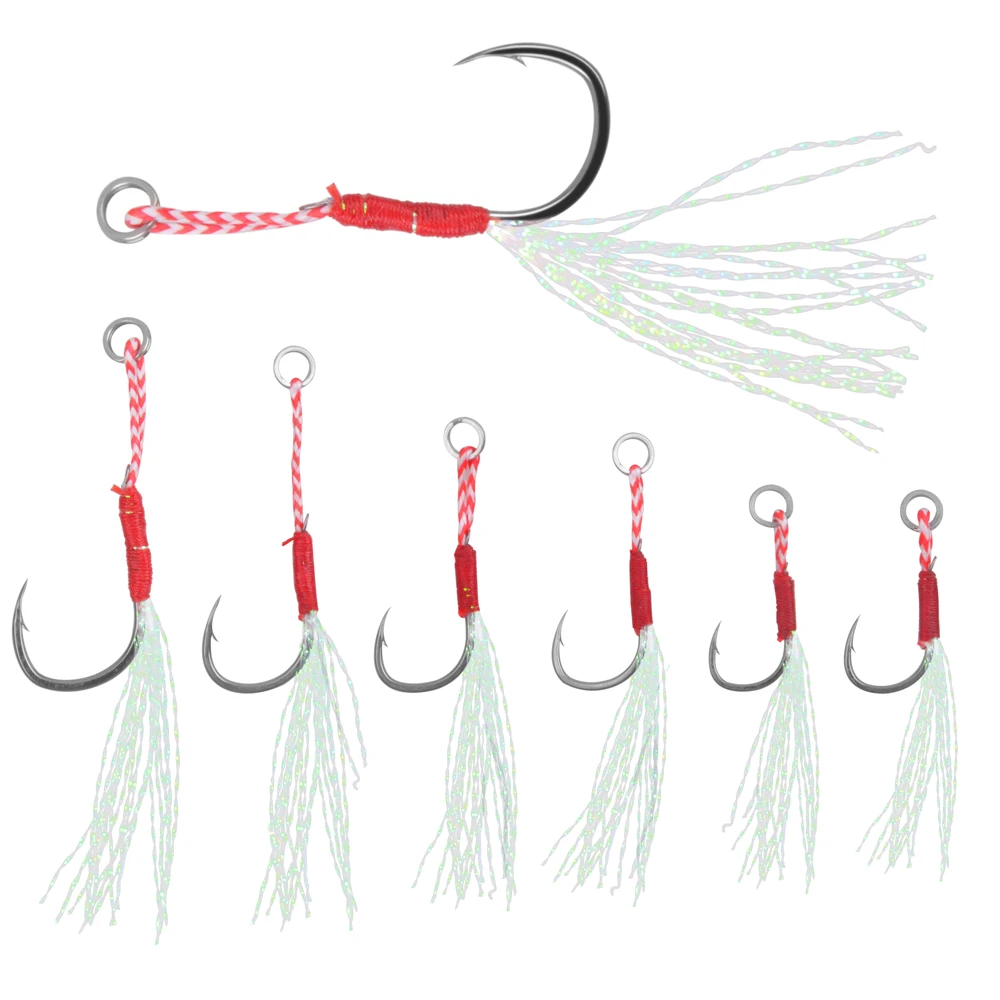 60Pcs Cast Jig Assist Hook Jig Head Hook High Carbon Steel Barbed Single Jigging Fishhook With Feather Sea Fishing Hook