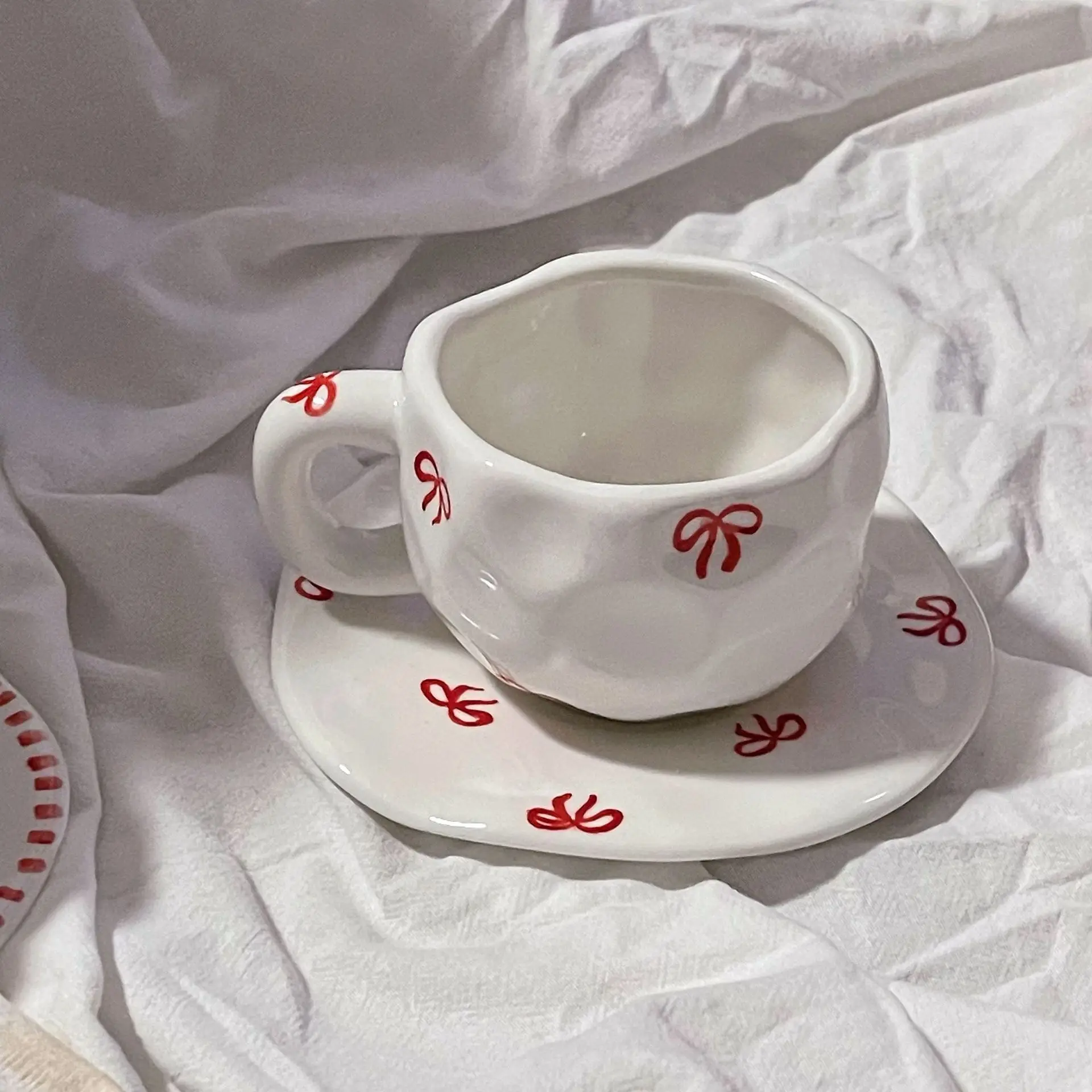 Cute Handmade Ceramic Bow Cup With Saucer Gift Mug