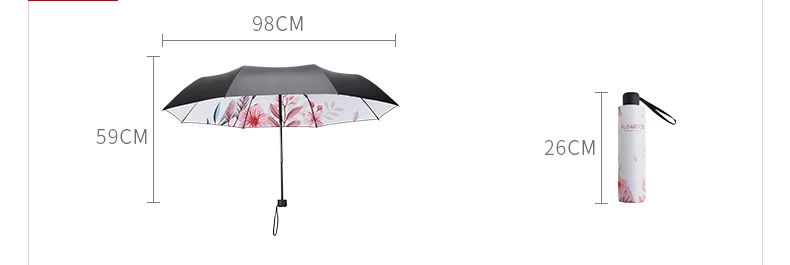 Pink flower decorated umbrellas manual three folding black coating uv protection umbrella