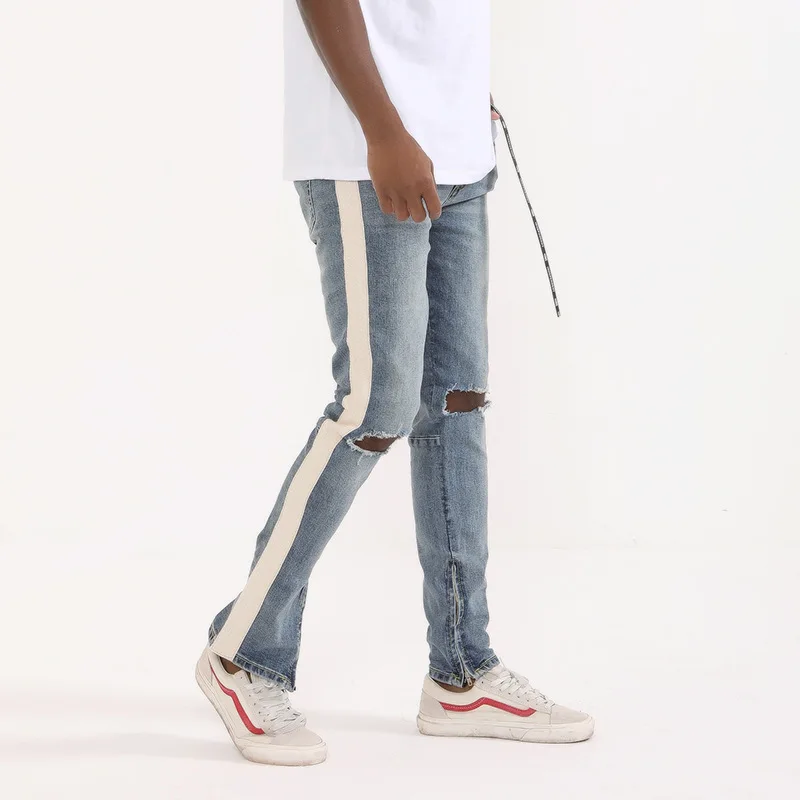 
Wholesale Fashion Men Ripped Denim Slim Fit Side Stripe Jeans 
