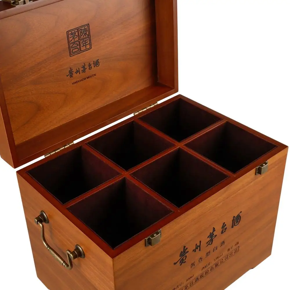 High Quality Luxury Big Custom Logo 6 Bottles Packaging Wooden Wine Box With Metal Handle