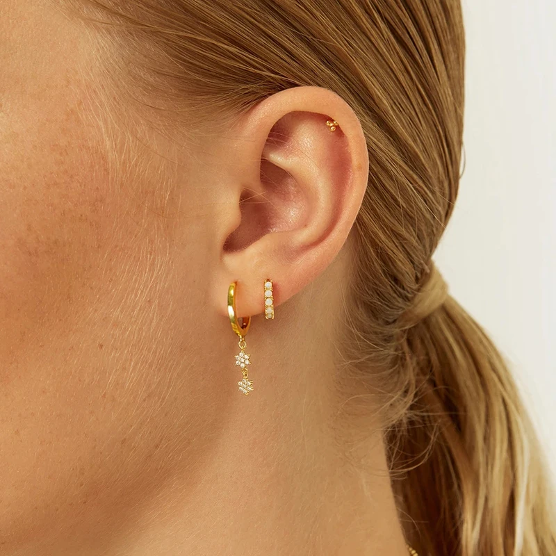 
18k Gold plated Metal Pearl Stud Earrings Geometric Petal Diamond Star Snowflake Silver Drop Earrings Gift Jewelry 