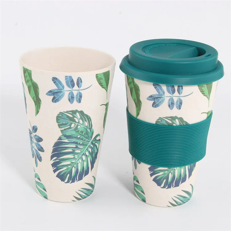 Eco Friendly Custom Logo Packaging Reusable Bio Cup Coffee Mug Bamboo Fibre Fincan Travel Mug With Silicone Grip and Lid