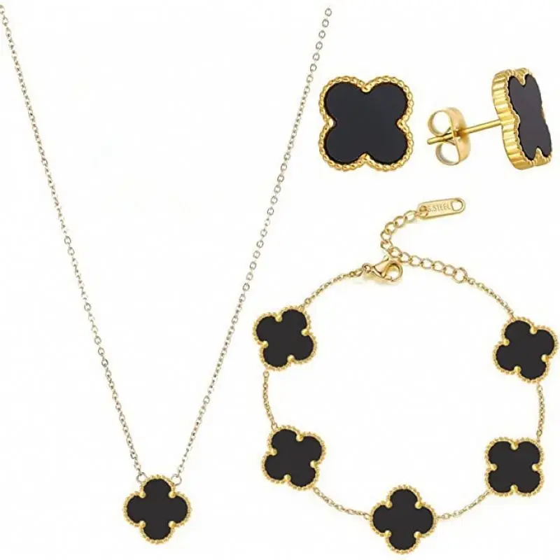 Hot sale 18K Gold Plated Stainless Steel Jewelry Set 13mm  Lucky Four Leaf Clover  Necklace and Earrings Bracelets Jewelry Set