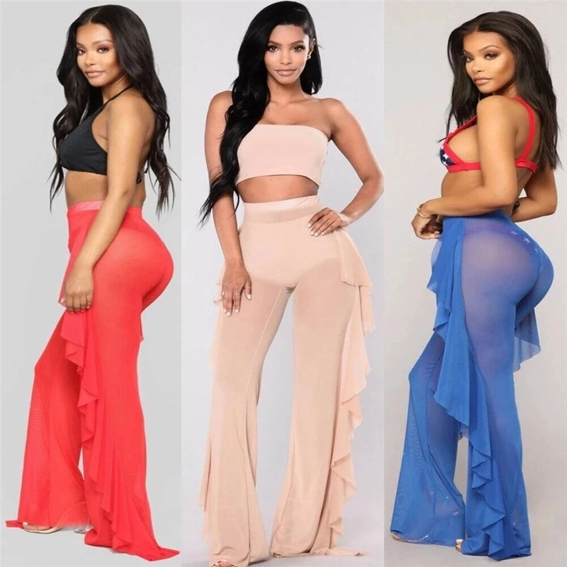 High quality sexy women mesh bell-bottom colorful swimwear beach long pants