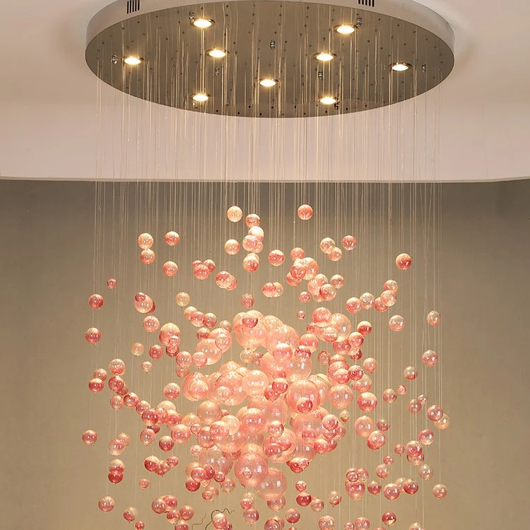 Customized American Style Industrial Project Villa Ceilling Pendant Lights Luxury Large Hotel Pink Crystal Ball Chandelier