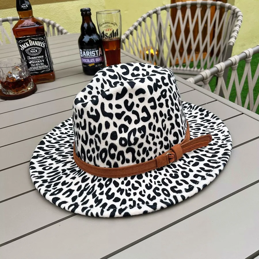 Large Flat Brim Autumn Winter Elegant Hats for Ladies Men Jazz Leopard Fedora Hat