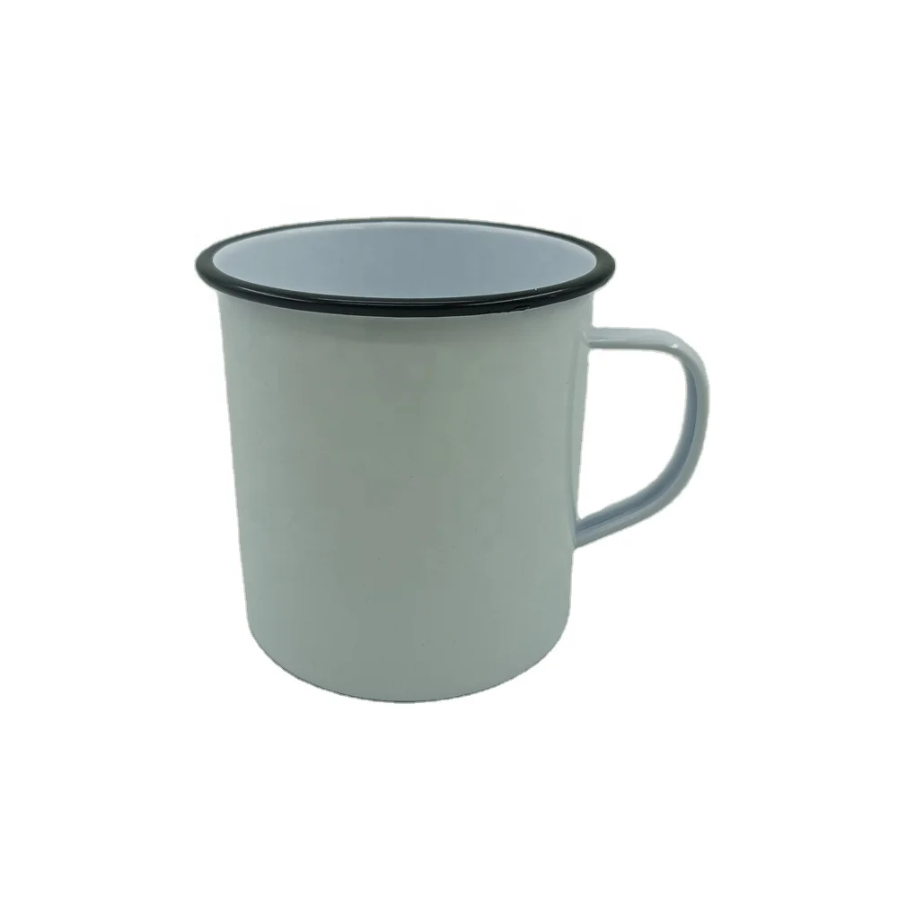 Customized Customized Vintage Powder Coating Wholesale White in Black Rim Travel Metal Coffee Cup Easy Carrying Camping Mug