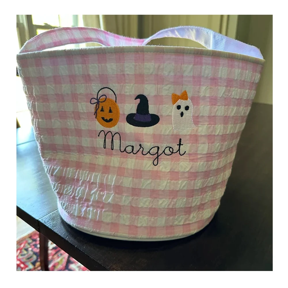 Trick or Treat Kids Tote Candy Bags Basket Pumpkin Ghost Embroidered Blank Gingham Halloween Bucket